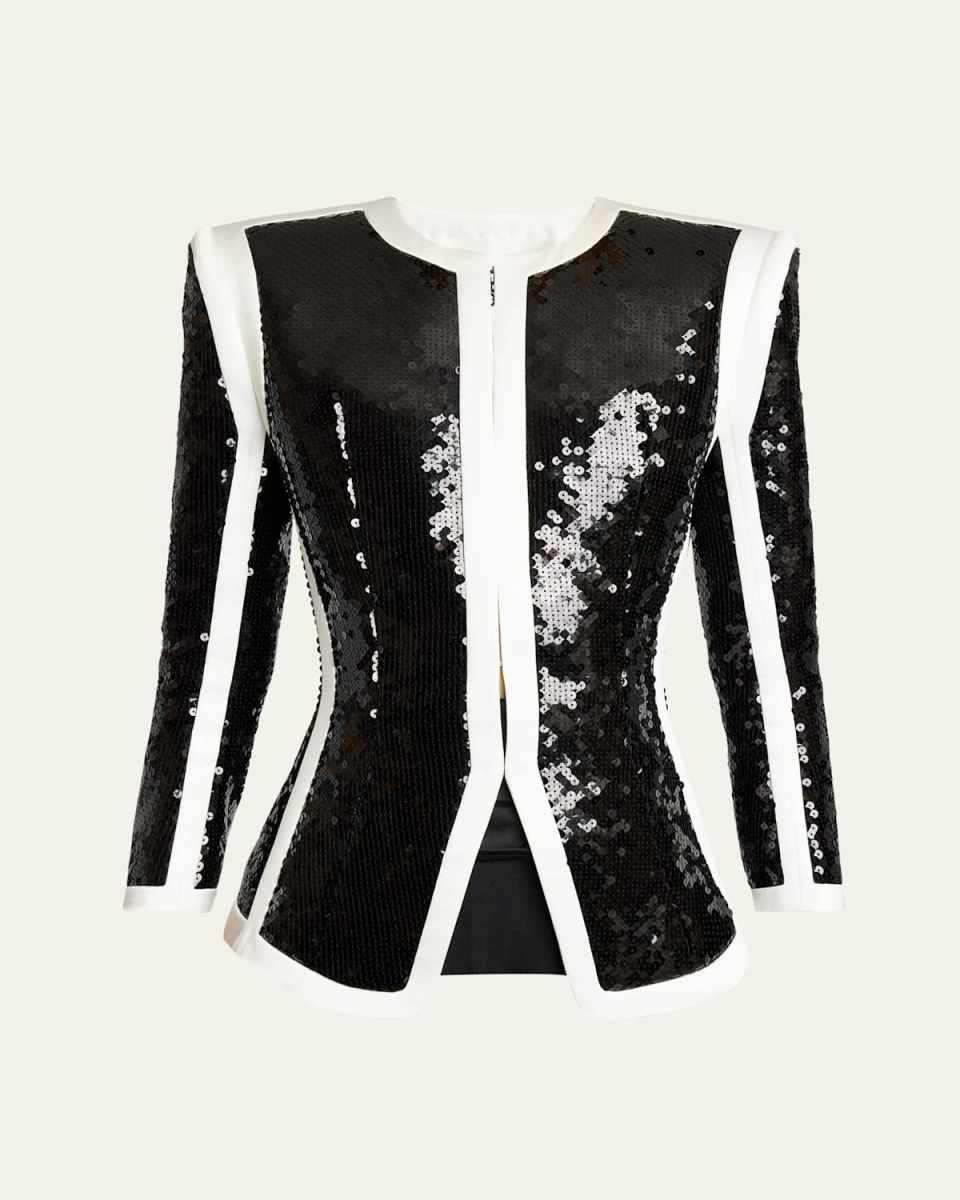 Collarless Contrast Trim Sequined Blazer